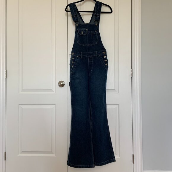 Vintage 90s Silver Jeans Flare Carpenter Denim Blue Overalls Size 5/31 - Picture 2 of 16
